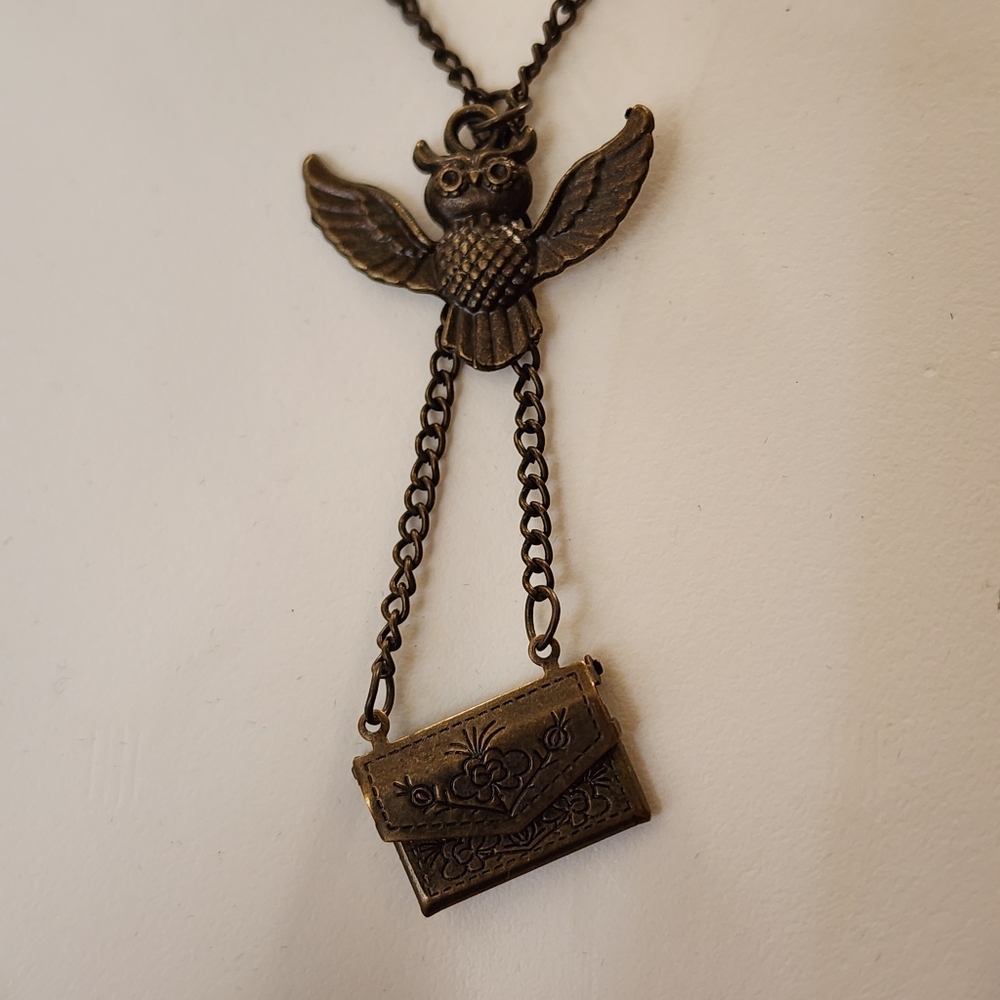 Vintage Bronze Toned Owl Pendant With Envelope Necklace
